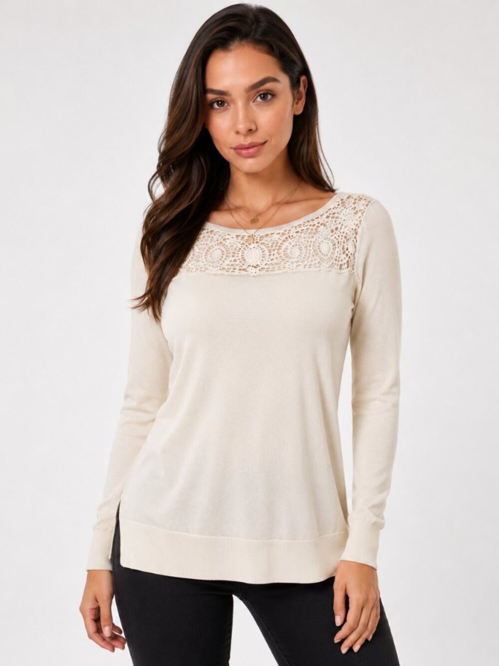LOFT Women Top XS Beige Lace Long Sleeve Lightweight Casual Soft Knit